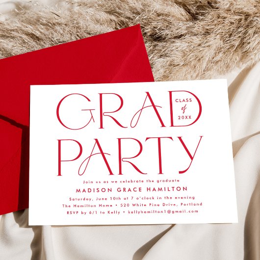 Invitation Typographie moderne Red Graduation Party