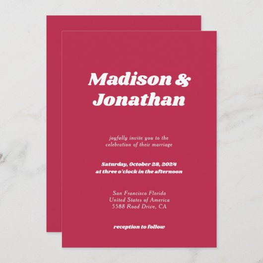 Invitation Typographie moderne Retro Bold Magenta Mariage (Devant / Derrière)