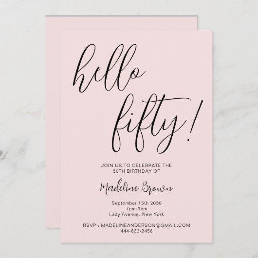 Invitation Typographie moderne Script Blush Pink 50e annivers (Devant / Derrière)
