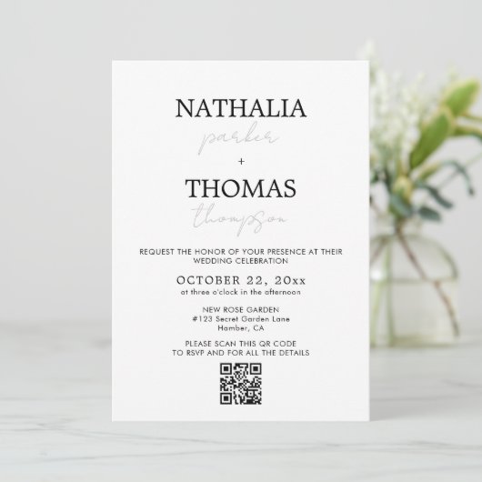 Invitation Typographie moderne Script Photo Code QR Mariage (Debout devant)