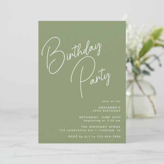 Invitation Typographie moderne Simple Olive Sage Vert Anniver (Debout devant)
