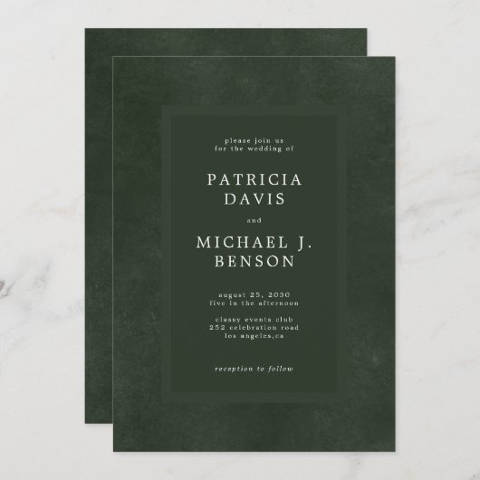 Invitation Typographie moderne vert foncé mariage élégant (Devant / Derrière)