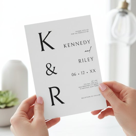 Invitation Typographie Monogramme moderne Noir Blanc QR Maria