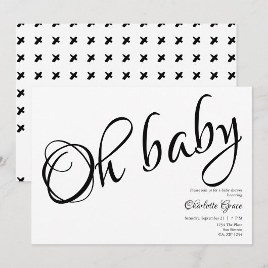 Invitation Typographie Noir Blanc Oh Baby shower Coeur Baiser (Devant / Derrière)