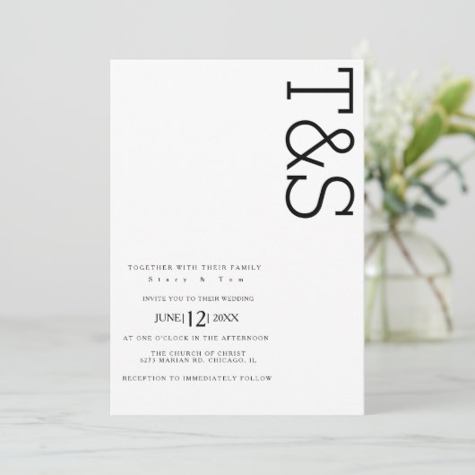 Invitation Typographie noir blanc simple Mariage gras (Debout devant)