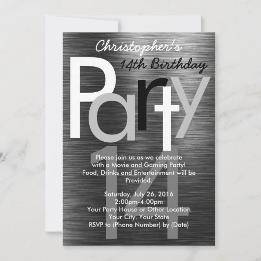 Invitation Typographie noir et blanc Ado Boy Birthday Party (Devant)