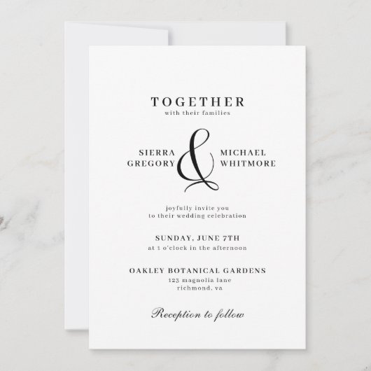 Invitation Typographie noir et blanc Mariage classique formel (Devant)