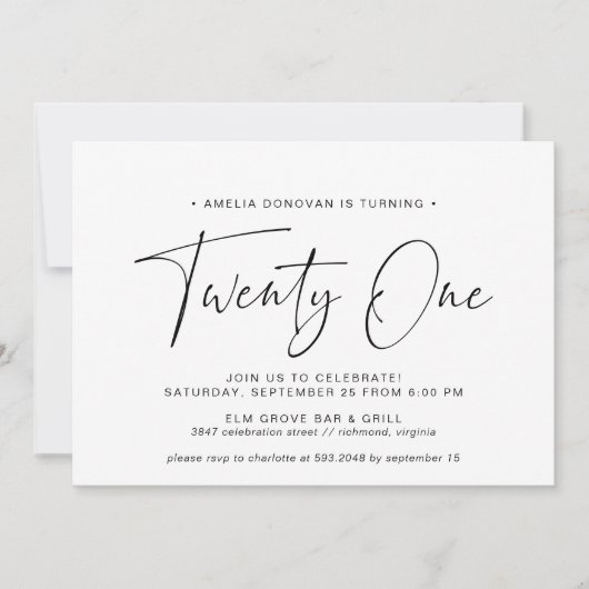 Invitation Typographie noir et blanc | Simple 21ème anniversa (Devant)