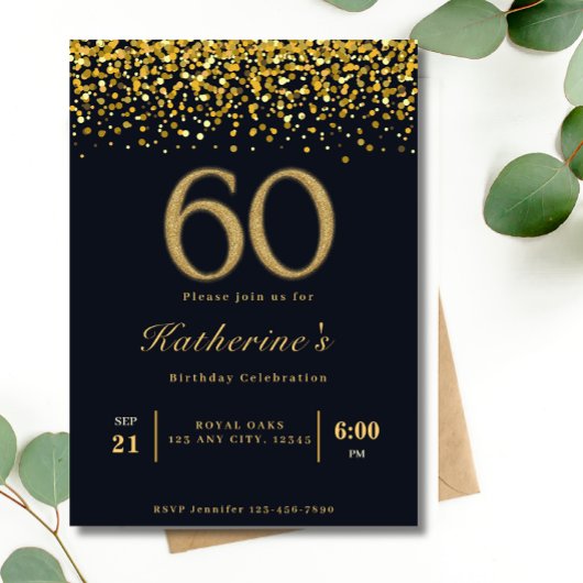 Invitation Typographie noir et or 60e anniversaire moderne