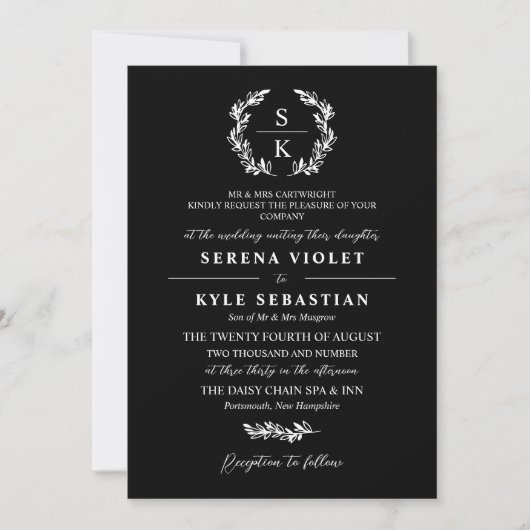 Invitation Typographie noire Laurel Wreath Monogram Mariage (Devant)