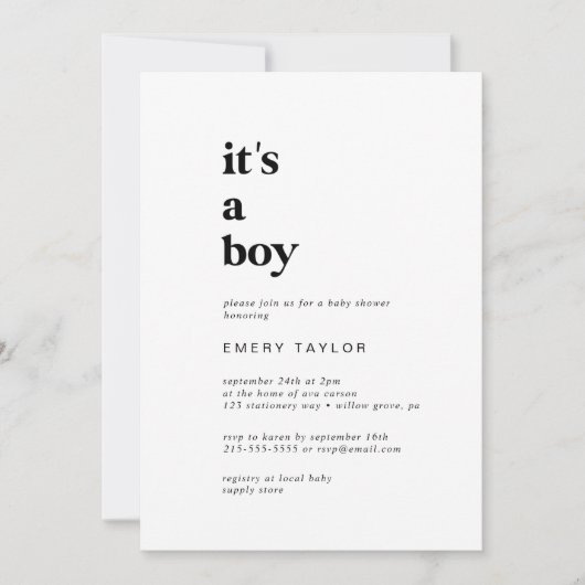 Invitation Typographie noire moderne C'est un Baby shower gar (Devant)