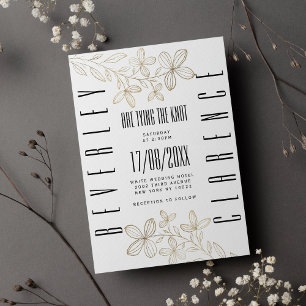 Invitation Typographie noire rétro mariage floral or blanc