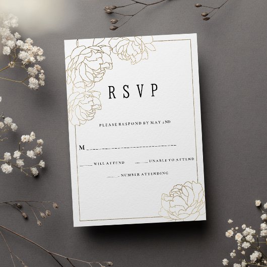 Invitation Typographie or blanc de luxe peony floral RSVP