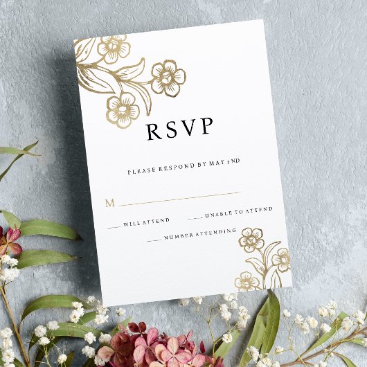 Invitation Typographie or blanc luxe mariage floral RSVP
