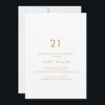 Invitation Typographie Or Chic 21e fête d'anniversaire<br><div class="desc">Cette invitation à la fête du 21ème anniversaire de la typographie or chic est parfaite pour une fête d'anniversaire moderne. Le design simple présente une typographie classique minimaliste d'or et de blanc, dans un style boho rustique. Personnalisable dans n'importe quelle couleur. Gardez le design minimal et élégant, en l'état, ou...</div>