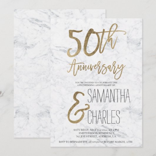 Invitation Typographie or chic 50e anniversaire sur marbre bl (Devant / Derrière)