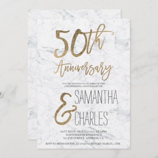 Invitation Typographie or chic marbre blanc 50e anniversaire (Devant / Derrière)