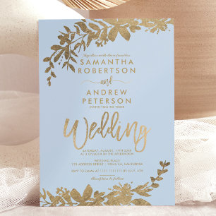 Invitation Typographie or feuille floral turquoise bleu maria