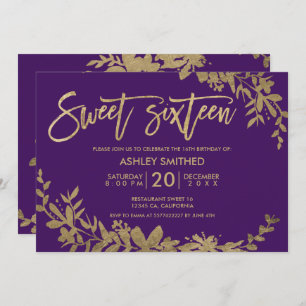 Invitation Typographie or feuille floral violet doux 16