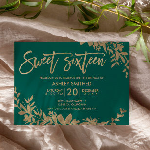 Invitation Typographie or feuille vert floral doux 16