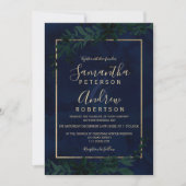 Invitation Typographie or Floral marine bleu feuille mariage (Devant)
