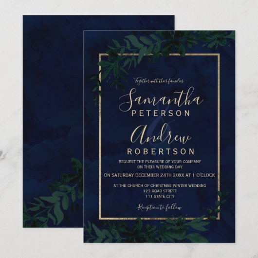 Invitation Typographie or Floral marine bleu feuille mariage (Devant / Derrière)