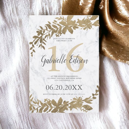 Invitation Typographie or Marbre blanc floral Sweet 16