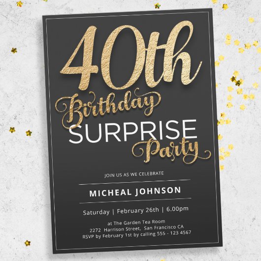 Invitation Typographie Or moderne Surprise 40e anniversaire
