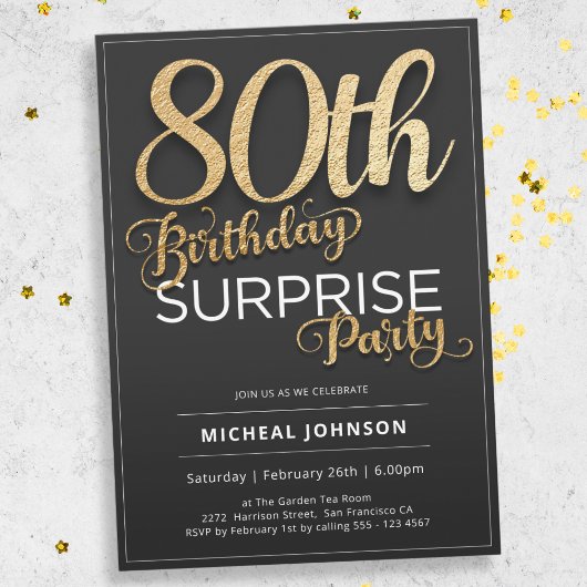 Invitation Typographie Or moderne Surprise 80e anniversaire