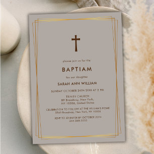 Invitation Typographie Or Neutre Élégante Croix Baptême