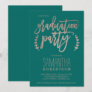 Invitation typographie or rose fête de graduation émeraude