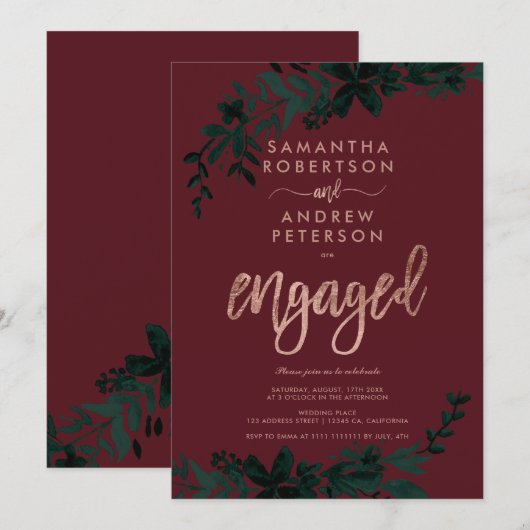 Invitation Typographie or rose Fête d'engagement rouge floral (Devant / Derrière)