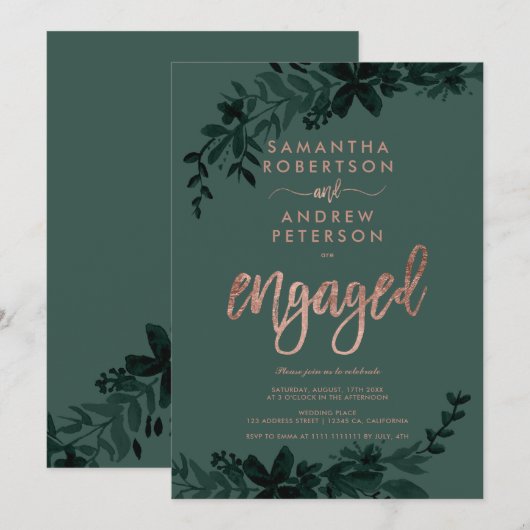 Invitation Typographie or rose Floral green fiançailles (Devant / Derrière)