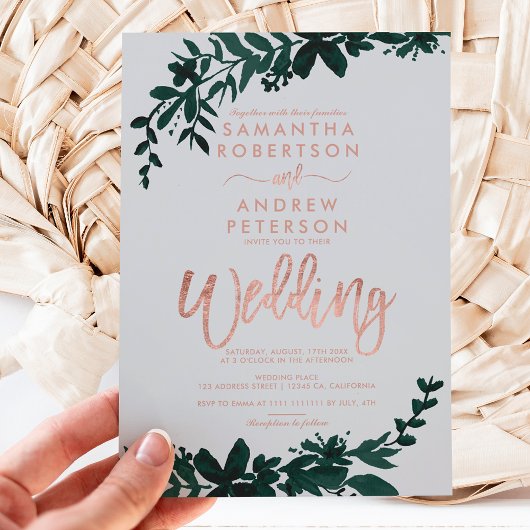 Invitation Typographie or rose Floral gris mariage