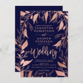 Invitation Typographie or rose floral marine bleu chic mariag (Devant / Derrière)