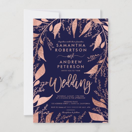 Invitation Typographie or rose floral marine bleu chic mariag (Devant)