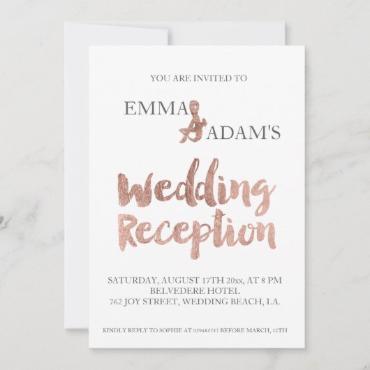 Invitation typographie or rose mariage réception fausse feuil (Devant)