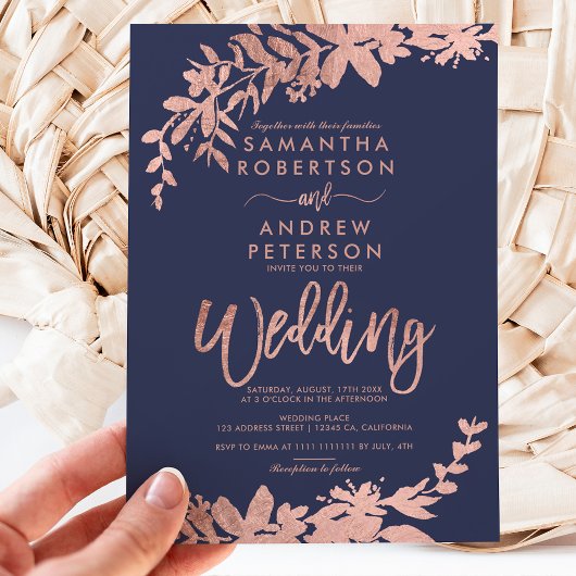 Invitation Typographie or rose Marine bleu mariage