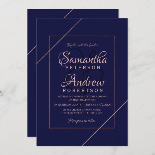 Invitation Typographie or rose moderne marine cadre mariage (Devant / Derrière)