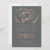 Invitation Typographie or rose plumes gris 21e anniversaire (Devant)