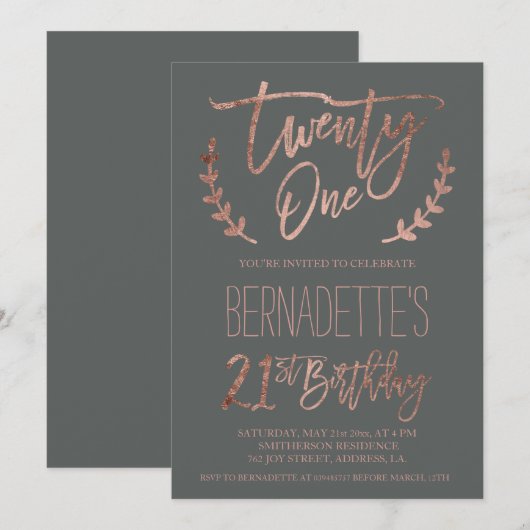 Invitation Typographie or rose plumes gris 21e anniversaire (Devant / Derrière)