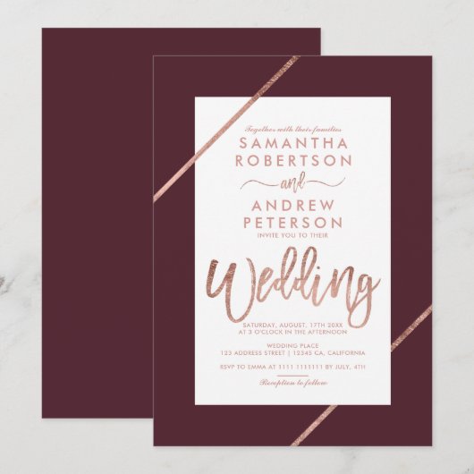 Invitation typographie or rose rayures mariage bordeaux (Devant / Derrière)