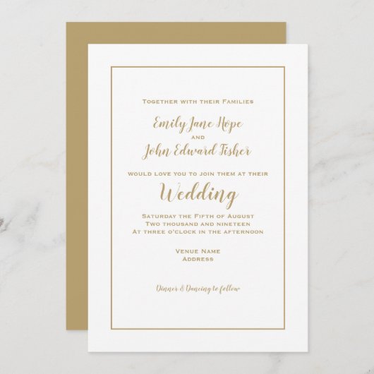 Invitation Typographie or simple et élégante et Mariage de tr (Devant / Derrière)