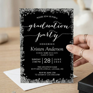 Invitation Typographie Pailletée Argent Noir Fête de Remise d