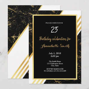 Invitation Typographie rayures marbre or noir Anniversaire