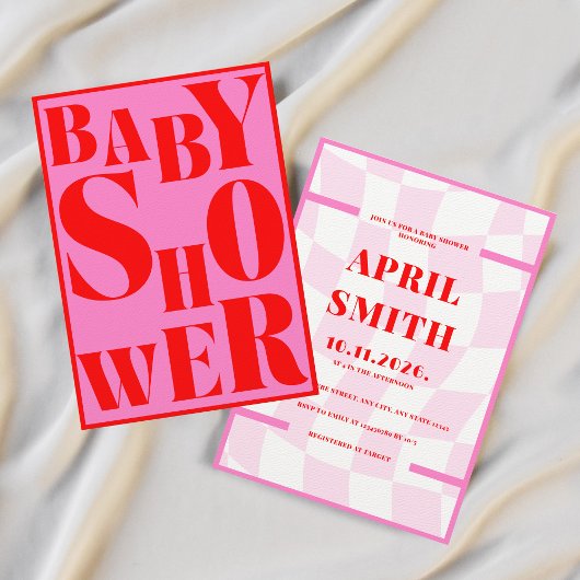 Invitation Typographie rétro en gras Baby shower rouge rose
