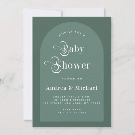 Invitation Typographie rétro Moss Green Boho Arch Baby shower (Devant)
