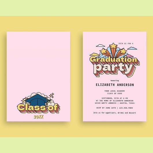 Invitation Typographie rétro Pink Graduation Colorful Party