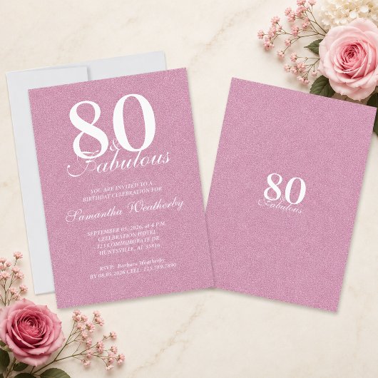 Invitation Typographie rose 80 ans anniversaire fabuleux