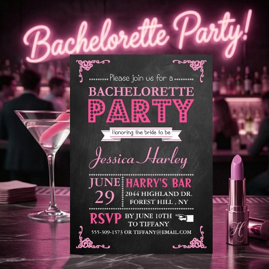 Invitation Typographie rose Chalkboard Bachelorette